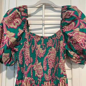 Flying Tomato Vibrant Pink and Green Puff Sleeve Dress Size Medium